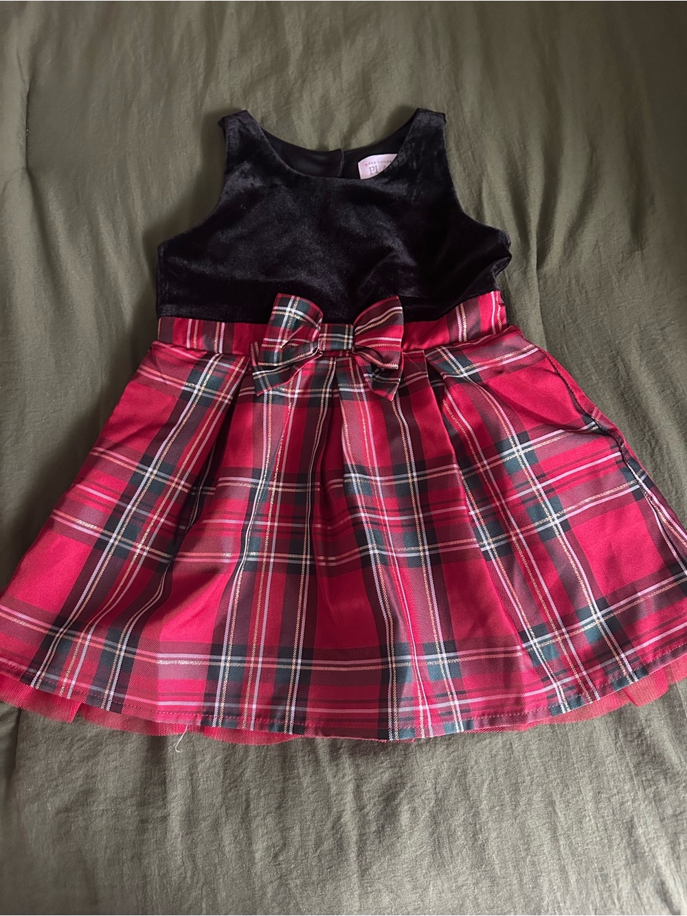 The Children's Place Black Velvet Top Red Plaid Bow-Front Holiday Dress